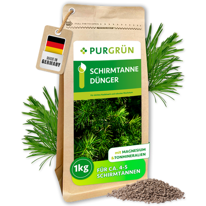 Purgrün Schirmtanne-Dünger im 1-kg-Beutel mit Magnesium und Tonmineralien, umgeben von Nadelzweigen und Granulat.