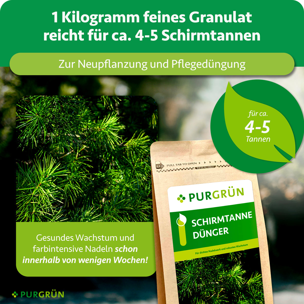 1 kg feines Granulat reicht zur Neupflanzung und Pflegedüngung für ca. 4–5 Schirmtannen. Gesundes Wachstum und farbintensive Nadeln zeigen sich schon innerhalb weniger Wochen.