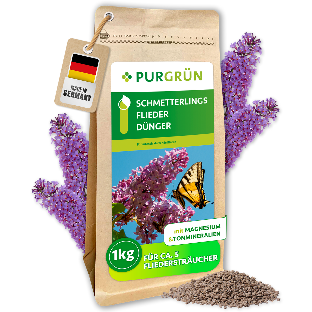 Purgrün Schmetterlingsflieder-Dünger, 1 kg, im wiederverschließbaren Papierbeutel mit sichtbarem Granulat.