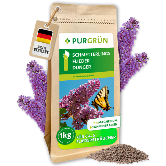 Purgrün Schmetterlingsflieder-Dünger, 1 kg, im wiederverschließbaren Papierbeutel mit sichtbarem Granulat.