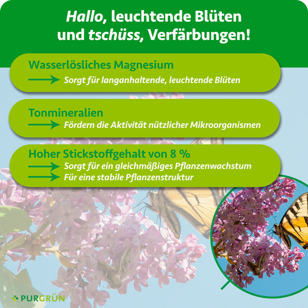 Wasserlösliches Magnesium unterstützt langanhaltend leuchtende Blüten, Tonmineralien fördern nützliche Mikroorganismen. 8 % Stickstoff fördern gleichmäßiges Wachstum und eine stabile Pflanzenstruktur.