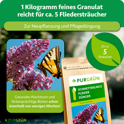 1 kg feines Granulat reicht für ca. 5 Fliedersträucher und dient zur Neupflanzung und Pflegedüngung.