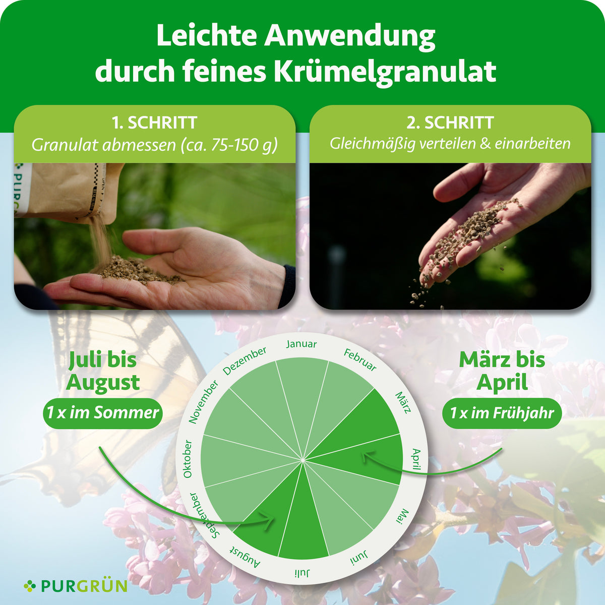 Anwendung: ca. 75–150 g Granulat abmessen, gleichmäßig verteilen und einarbeiten. Je einmal von März bis April und von Juli bis August düngen.