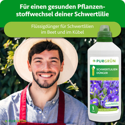 Flüssigdünger für Schwertlilien im Beet und Kübel, dargestellt neben einem Gärtner; für einen gesunden Pflanzenstoffwechsel.