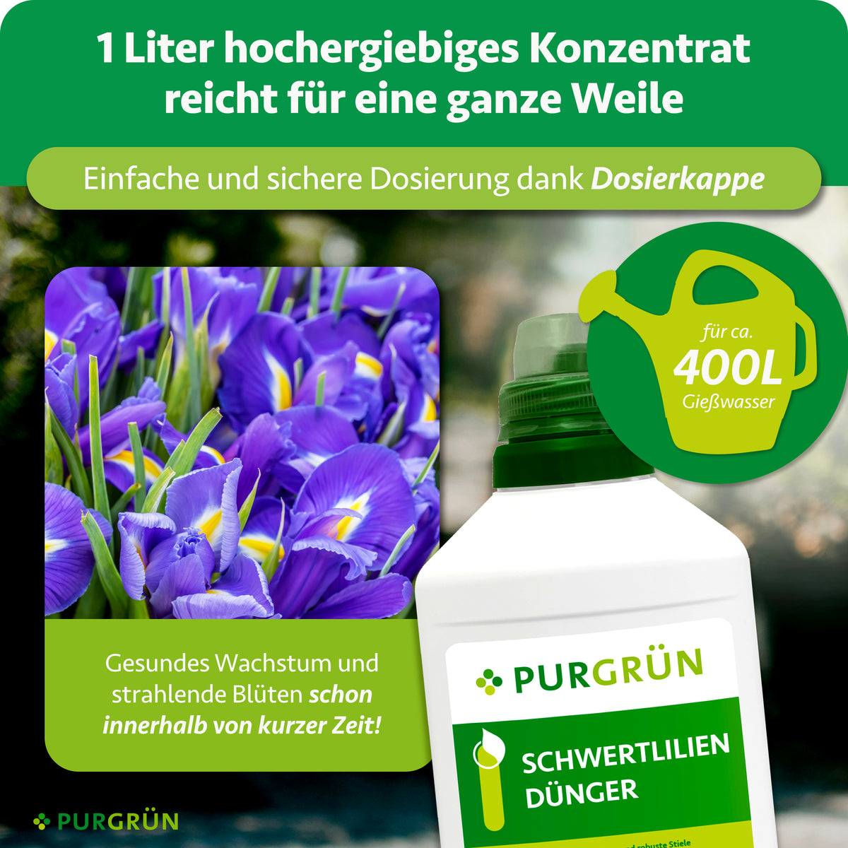 1 Liter Konzentrat mit Dosierkappe reicht für ca. 400 Liter Gießwasser.