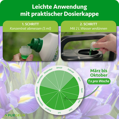 Anwendung: 5 ml Konzentrat abmessen, mit 2 Litern Wasser verdünnen und von März bis Oktober einmal pro Woche düngen.
