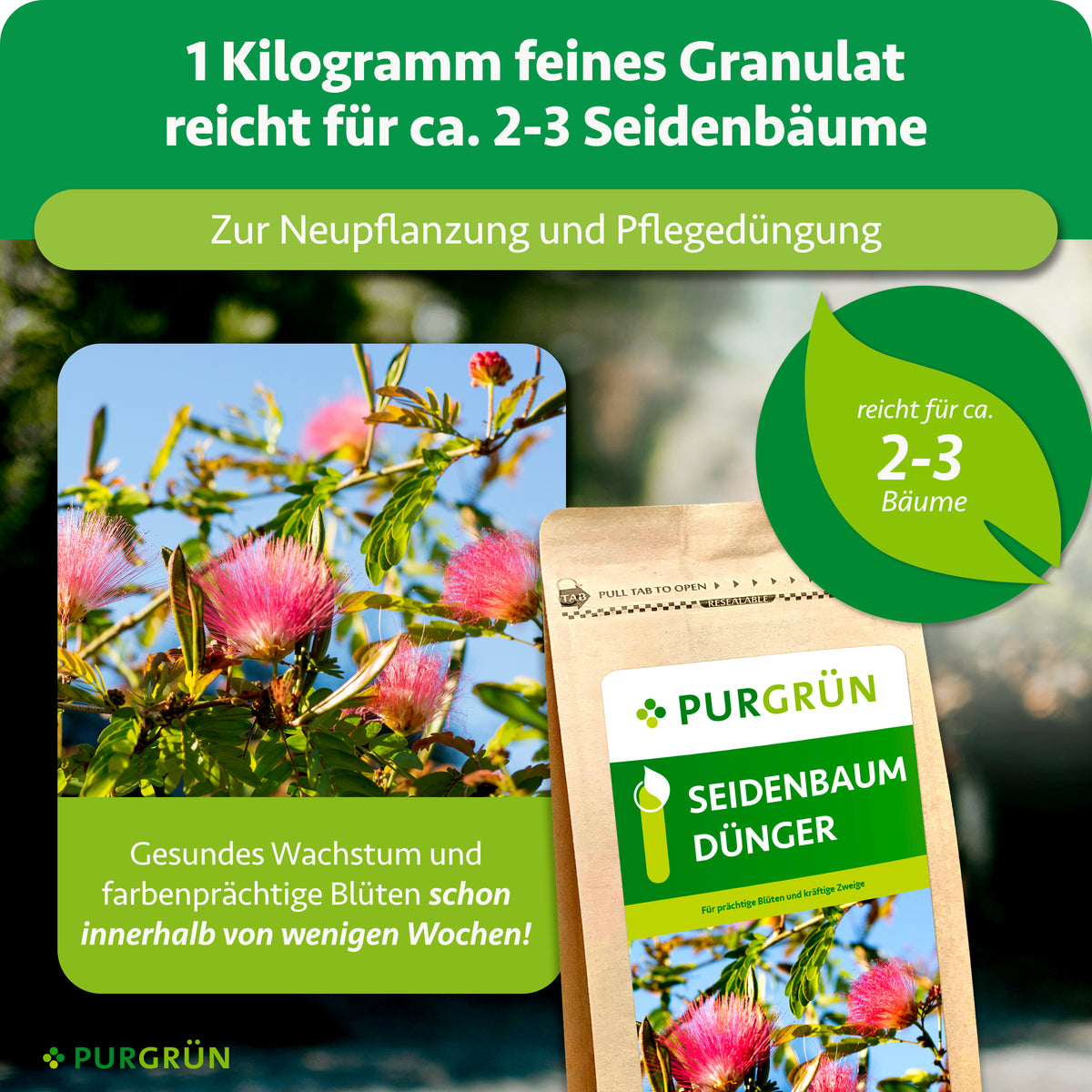1 kg feines Granulat reicht für ca. 2–3 Seidenbäume und eignet sich zur Neupflanzung und Pflegedüngung. Gesundes Wachstum und farbenprächtige Blüten sollen innerhalb weniger Wochen entstehen.
