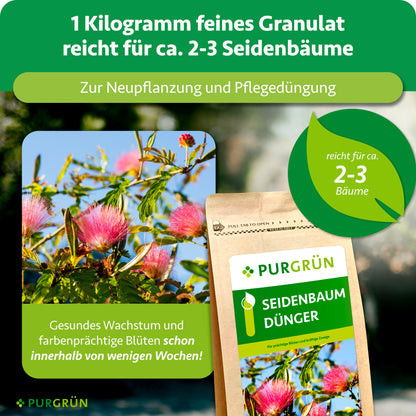 1 kg feines Granulat reicht für ca. 2–3 Seidenbäume und eignet sich zur Neupflanzung und Pflegedüngung. Gesundes Wachstum und farbenprächtige Blüten sollen innerhalb weniger Wochen entstehen.