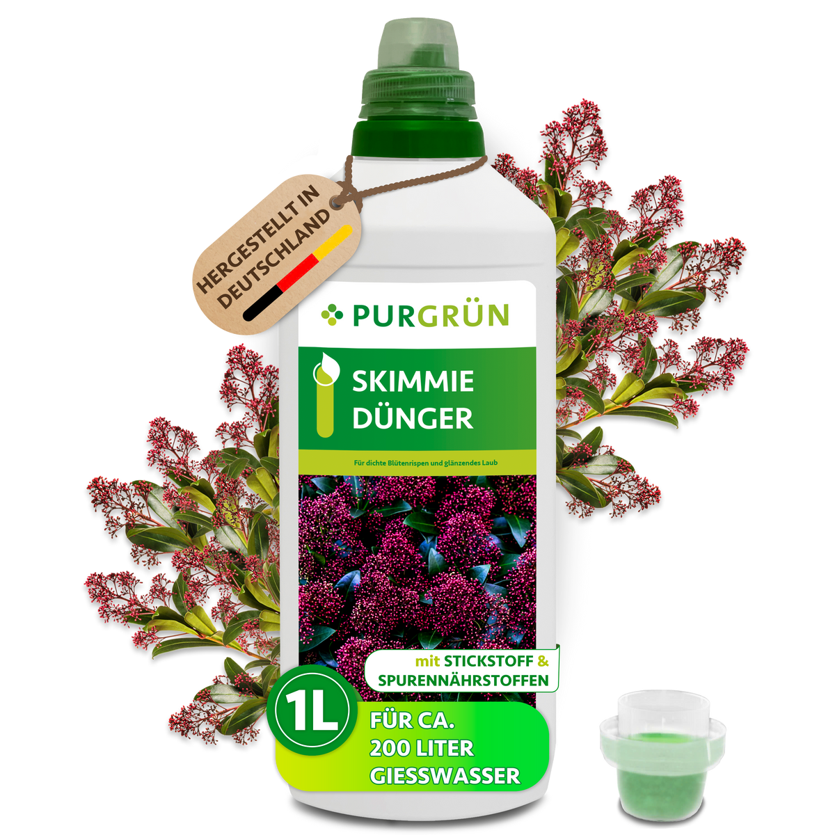 Purgrün Skimmie-Dünger, 1 Liter, mit Dosierkappe; das Konzentrat reicht für ca. 200 Liter Gießwasser.