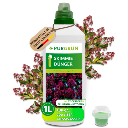 Purgrün Skimmie-Dünger, 1 Liter, mit Dosierkappe; das Konzentrat reicht für ca. 200 Liter Gießwasser.