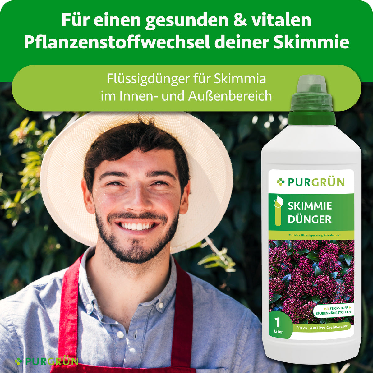 Flüssigdünger für Skimmien im Innen- und Außenbereich, dargestellt neben einem lächelnden Gärtner; unterstützt einen gesunden und vitalen Pflanzenstoffwechsel.