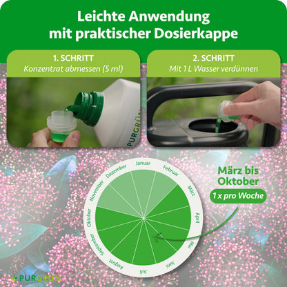 Anwendung: 5 ml Konzentrat abmessen, mit 1 Liter Wasser verdünnen und von März bis Oktober einmal pro Woche geben.