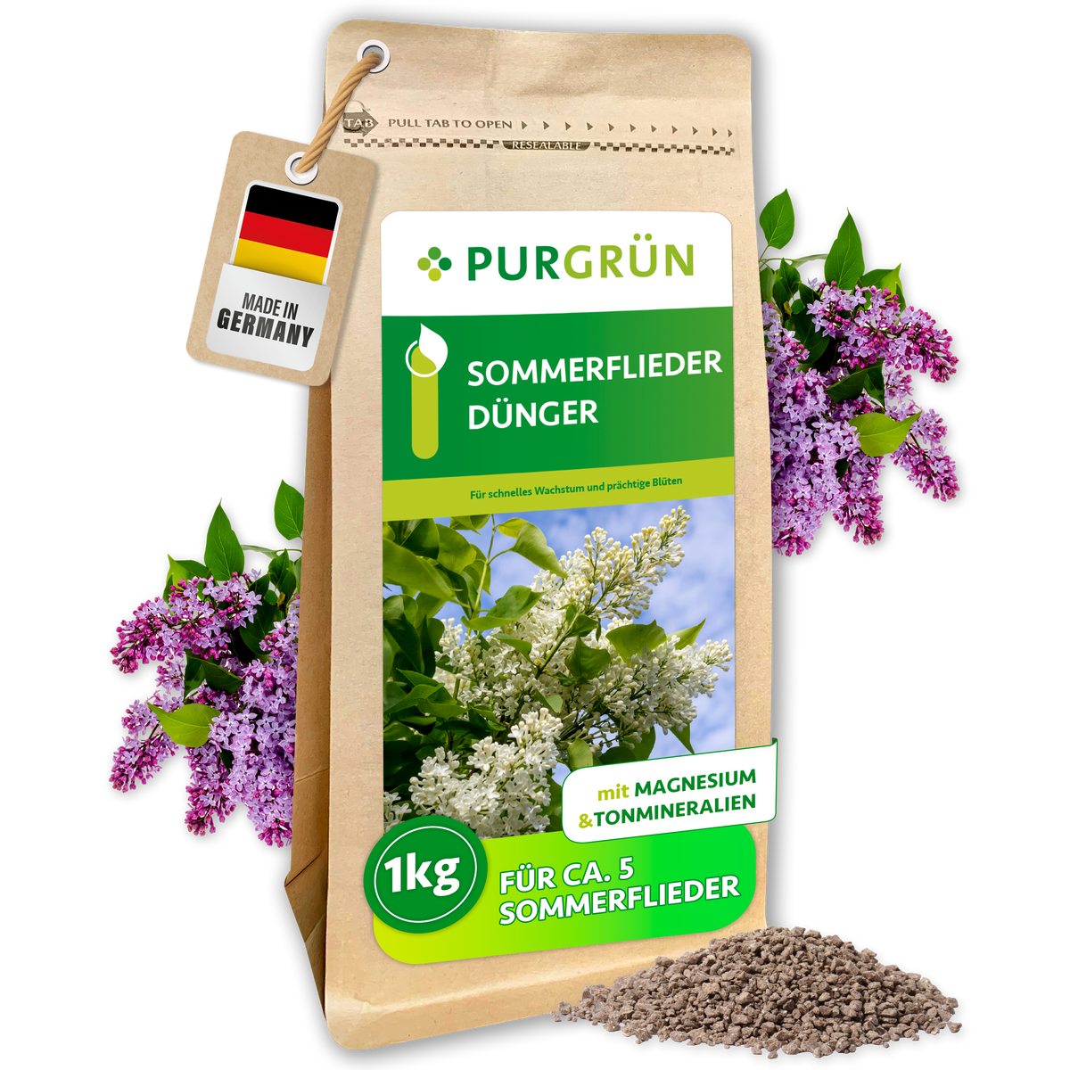 Purgrün Sommerflieder-Dünger im 1-kg-Standbeutel, mit sichtbarem Granulat und Sommerfliederblüten.