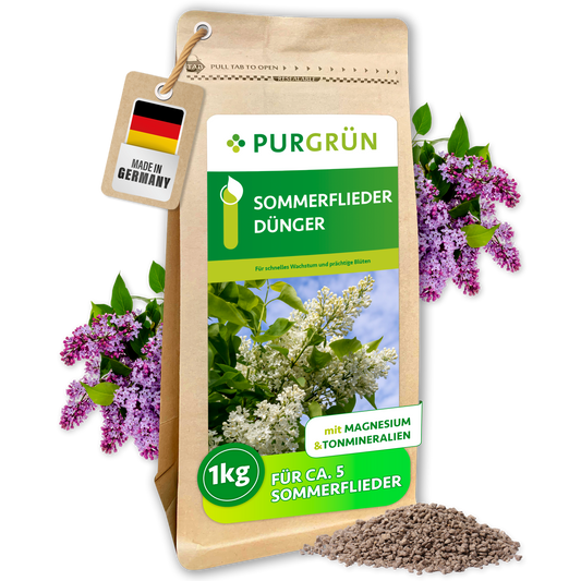Purgrün Sommerflieder-Dünger im 1-kg-Standbeutel, mit sichtbarem Granulat und Sommerfliederblüten.