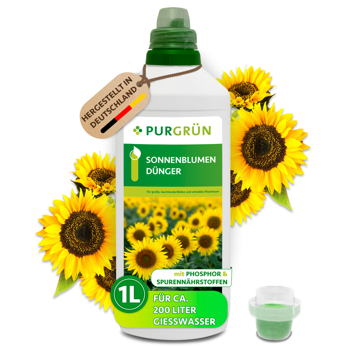 Purgrün Sonnenblumen-Dünger in der 1-Liter-Flasche mit Dosierkappe und Sonnenblumen; ausreichend für ca. 200 Liter Gießwasser.