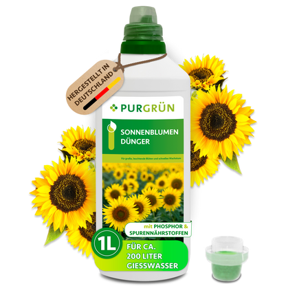 Purgrün Sonnenblumen-Dünger in der 1-Liter-Flasche mit Dosierkappe und Sonnenblumen; ausreichend für ca. 200 Liter Gießwasser.