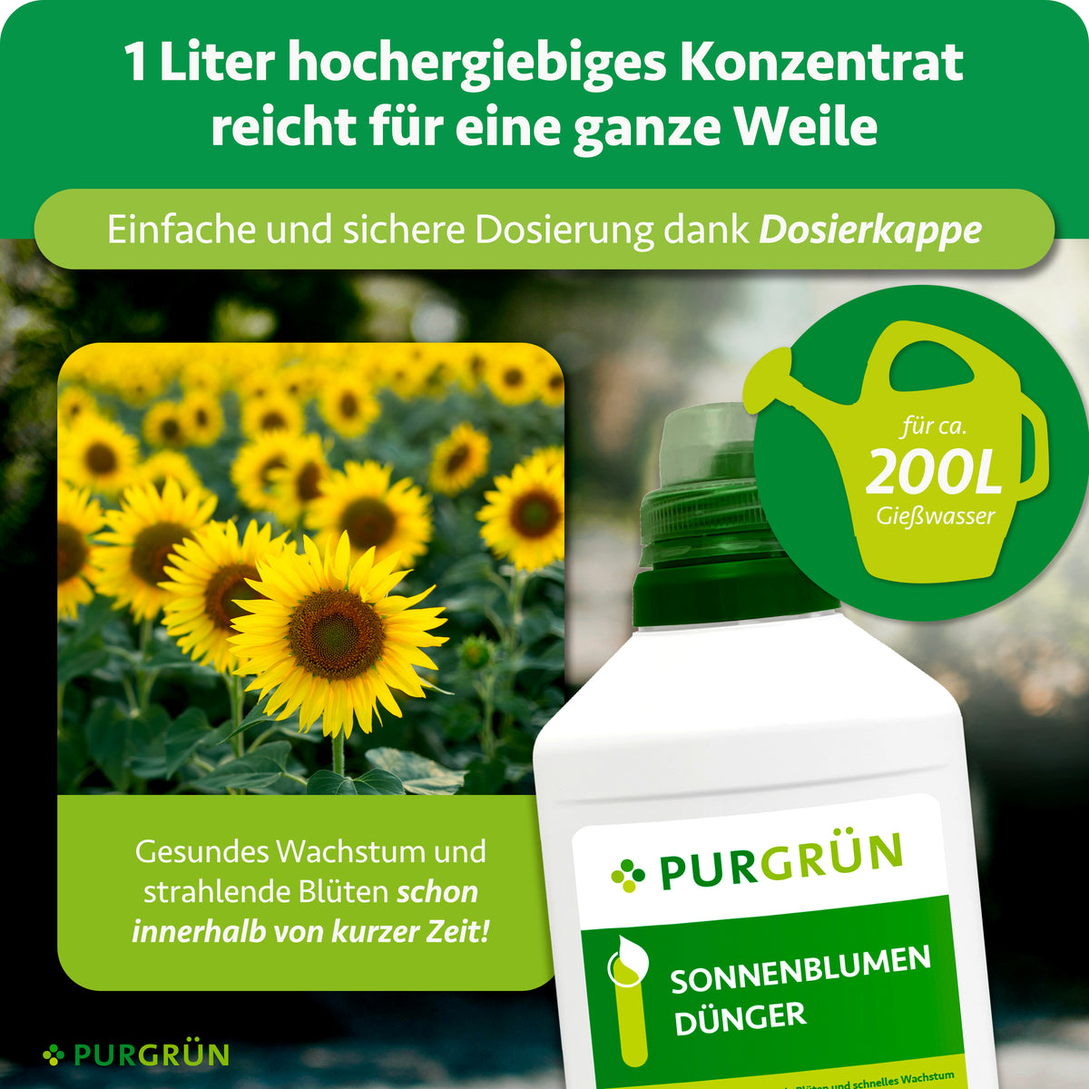 Ein Liter Konzentrat reicht dank Dosierkappe für ca. 200 Liter Gießwasser.
