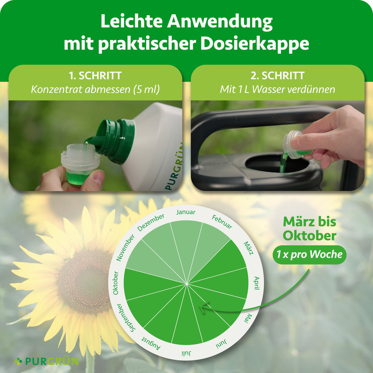 Anwendung: 5 ml Konzentrat abmessen, mit 1 Liter Wasser verdünnen und von März bis Oktober einmal pro Woche düngen.