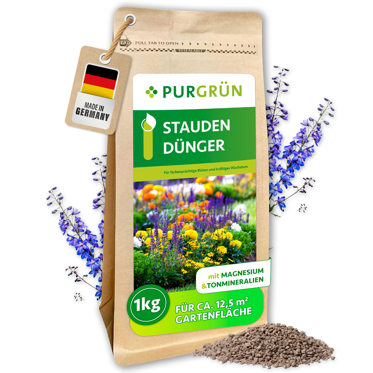 Purgrün Staudendünger im wiederverschließbaren 1-kg-Beutel mit sichtbarem Krümelgranulat und „Made in Germany“-Anhänger.