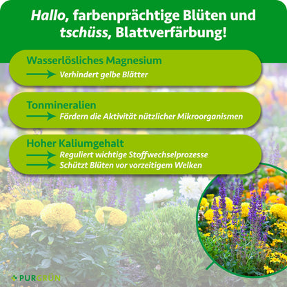 Wasserlösliches Magnesium verhindert gelbe Blätter, Tonmineralien fördern nützliche Mikroorganismen und Kalium reguliert Stoffwechselprozesse sowie vorzeitiges Welken.
