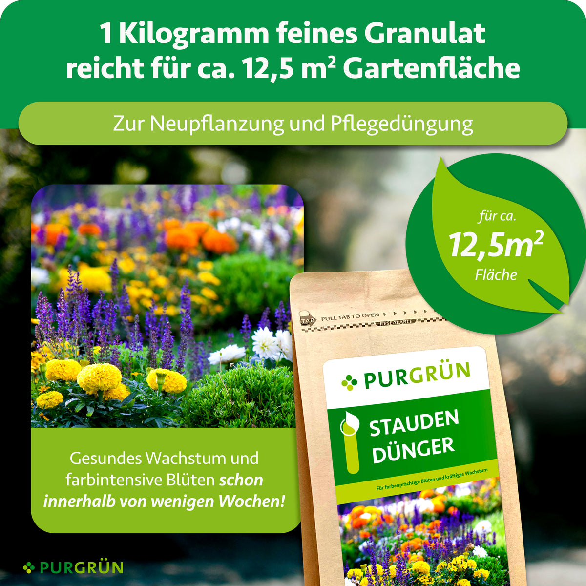1 kg feines Granulat reicht für ca. 12,5 m² Gartenfläche und eignet sich zur Neupflanzung und Pflegedüngung.