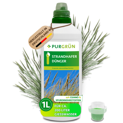 Purgrün Strandhafer-Dünger in der 1-Liter-Flasche mit Dosierkappe, hergestellt in Deutschland und ausreichend für ca. 200 Liter Gießwasser.