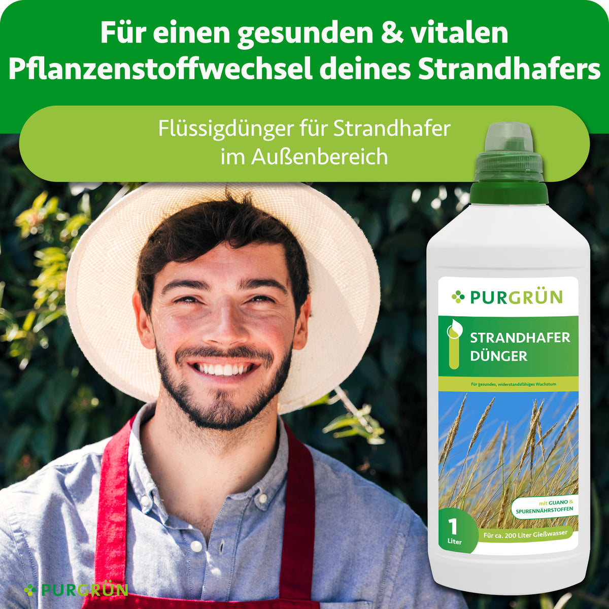Ein lächelnder Gärtner neben dem Flüssigdünger für Strandhafer im Außenbereich, beworben für einen gesunden und vitalen Pflanzenstoffwechsel.