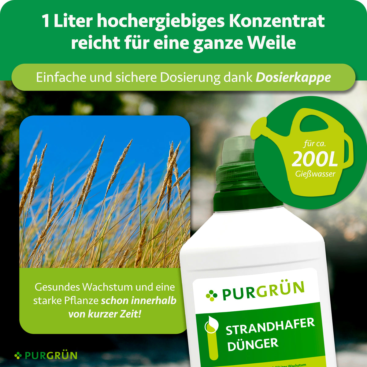 Ein Liter hochergiebiges Konzentrat reicht für ca. 200 Liter Gießwasser; die Dosierkappe ermöglicht eine einfache und sichere Dosierung.