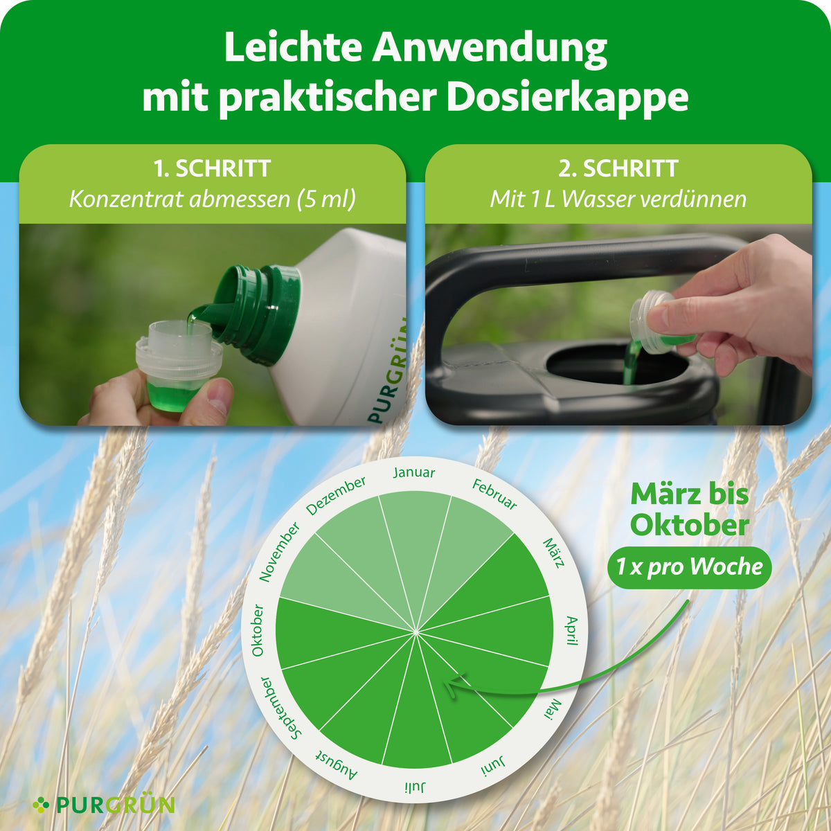 Anwendung von März bis Oktober einmal pro Woche: 5 ml Konzentrat abmessen und mit 1 Liter Wasser verdünnen.