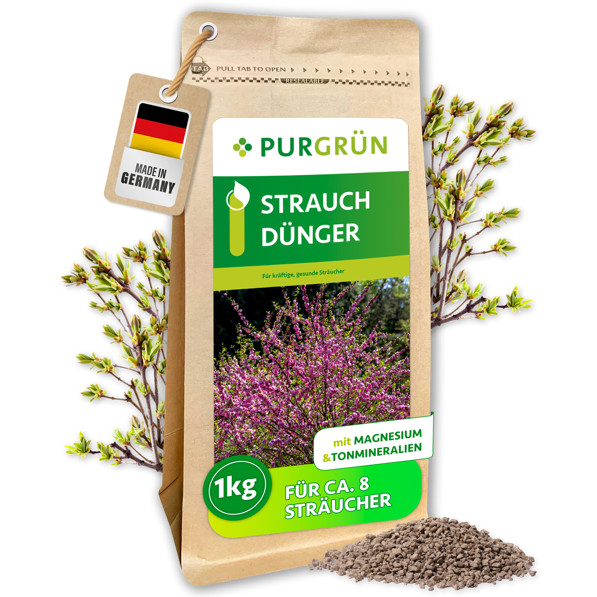 Purgrün Strauchdünger, 1 kg, im wiederverschließbaren Standbeutel mit Blütenstrauch-Motiv und feinem Granulat.