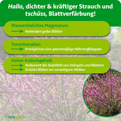 Wasserlösliches Magnesium verhindert gelbe Blätter, Tonmineralien ermöglichen eine gleichmäßige Nährstoffabgabe. Hoher Kaliumgehalt verbessert die Stabilität von Stängeln und Blättern und schützt Blüten vor vorzeitigem Welken.