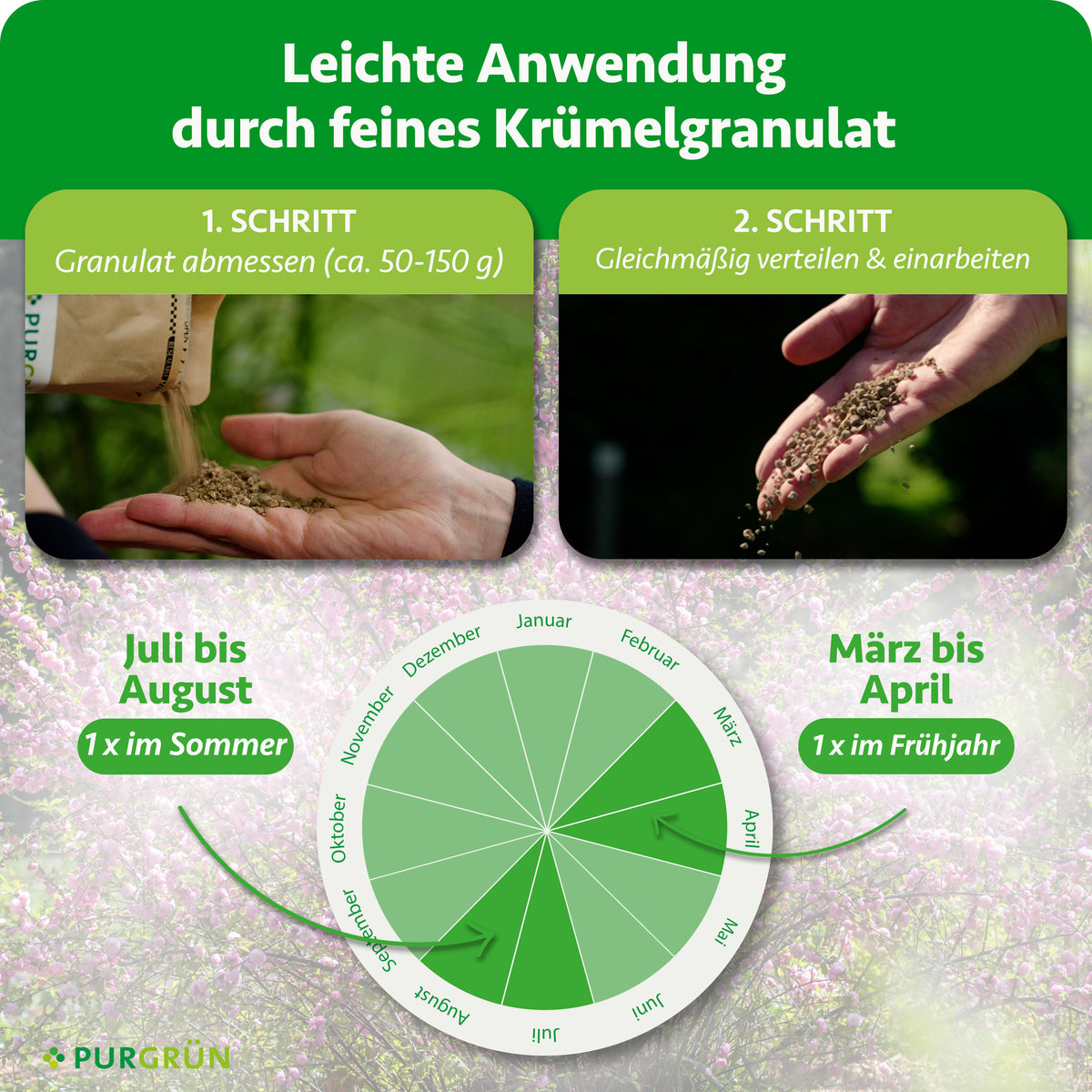 Ca. 50–150 g Granulat abmessen, gleichmäßig verteilen und einarbeiten. Je einmal im Frühjahr von März bis April und im Sommer von Juli bis August düngen.