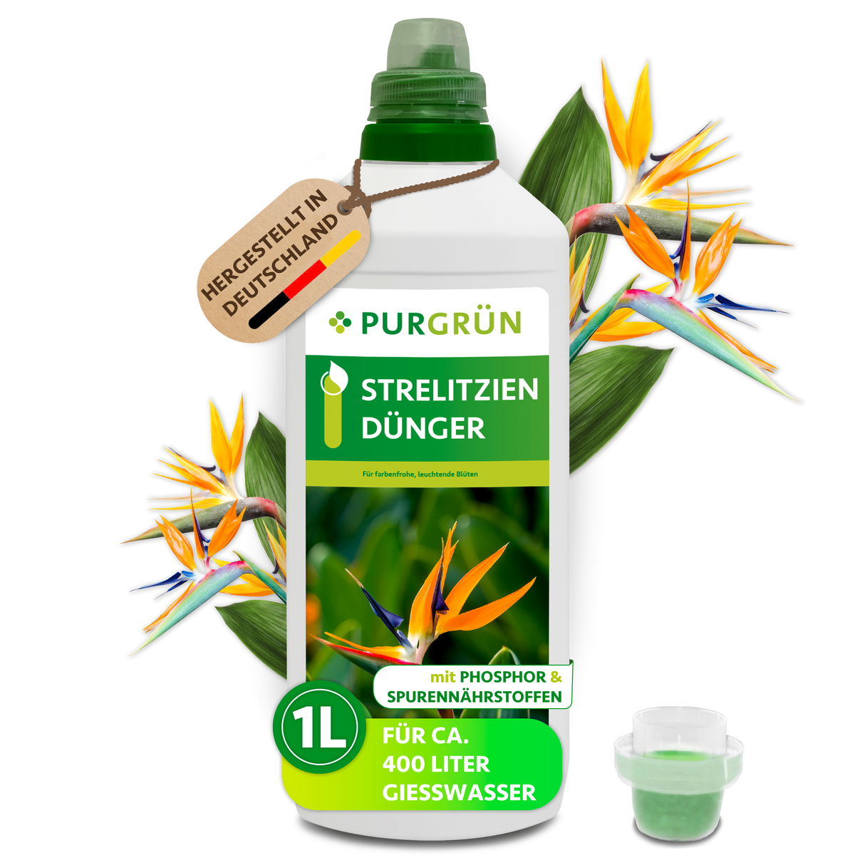 Purgrün Strelitzien-Dünger, 1 Liter, mit Dosierkappe; Konzentrat für ca. 400 Liter Gießwasser.