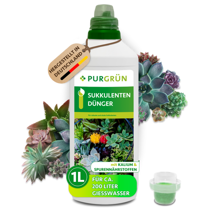 Purgrün Sukkulenten-Dünger in der 1-Liter-Flasche mit Dosierkappe, umgeben von Sukkulenten; reicht für ca. 200 Liter Gießwasser.
