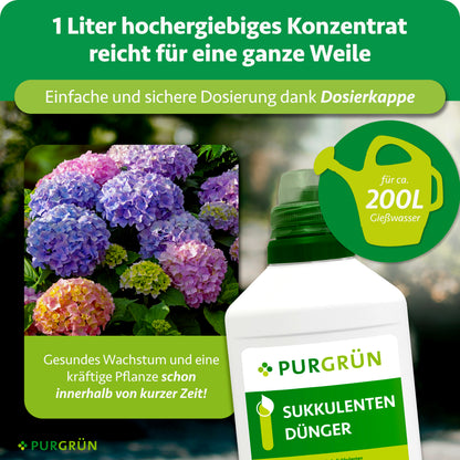 1 Liter hochergiebiges Konzentrat mit Dosierkappe reicht für ca. 200 Liter Gießwasser; daneben sind die Flasche und blühende Hortensien zu sehen.