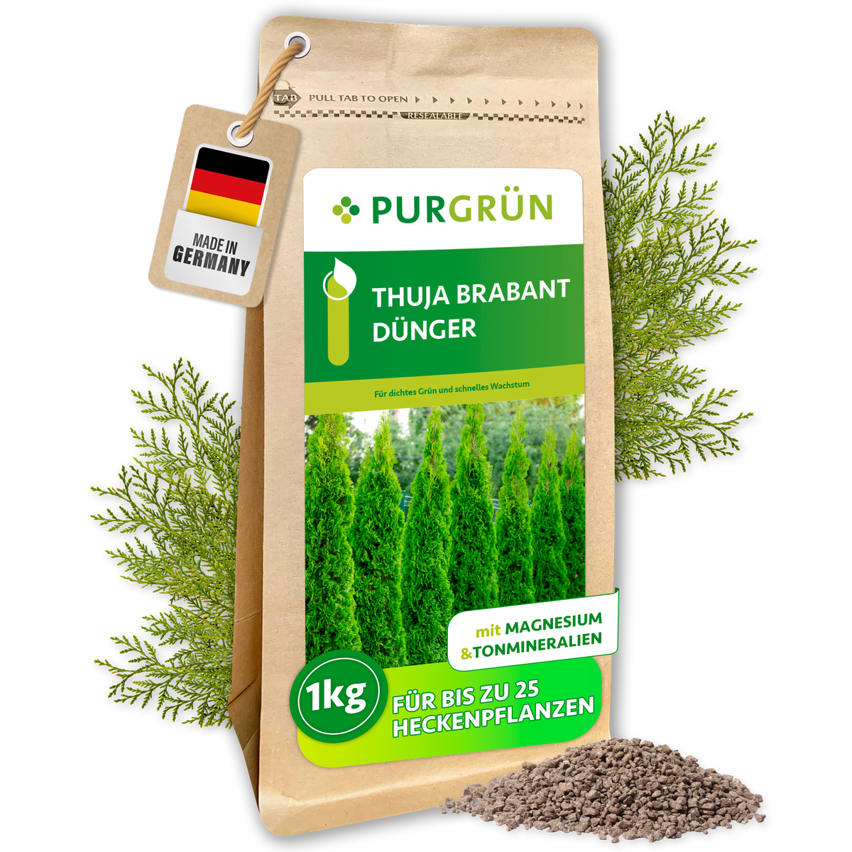 Purgrün Thuja-Brabant-Dünger im 1-kg-Beutel, mit Magnesium und Tonmineralien, für bis zu 25 Heckenpflanzen.