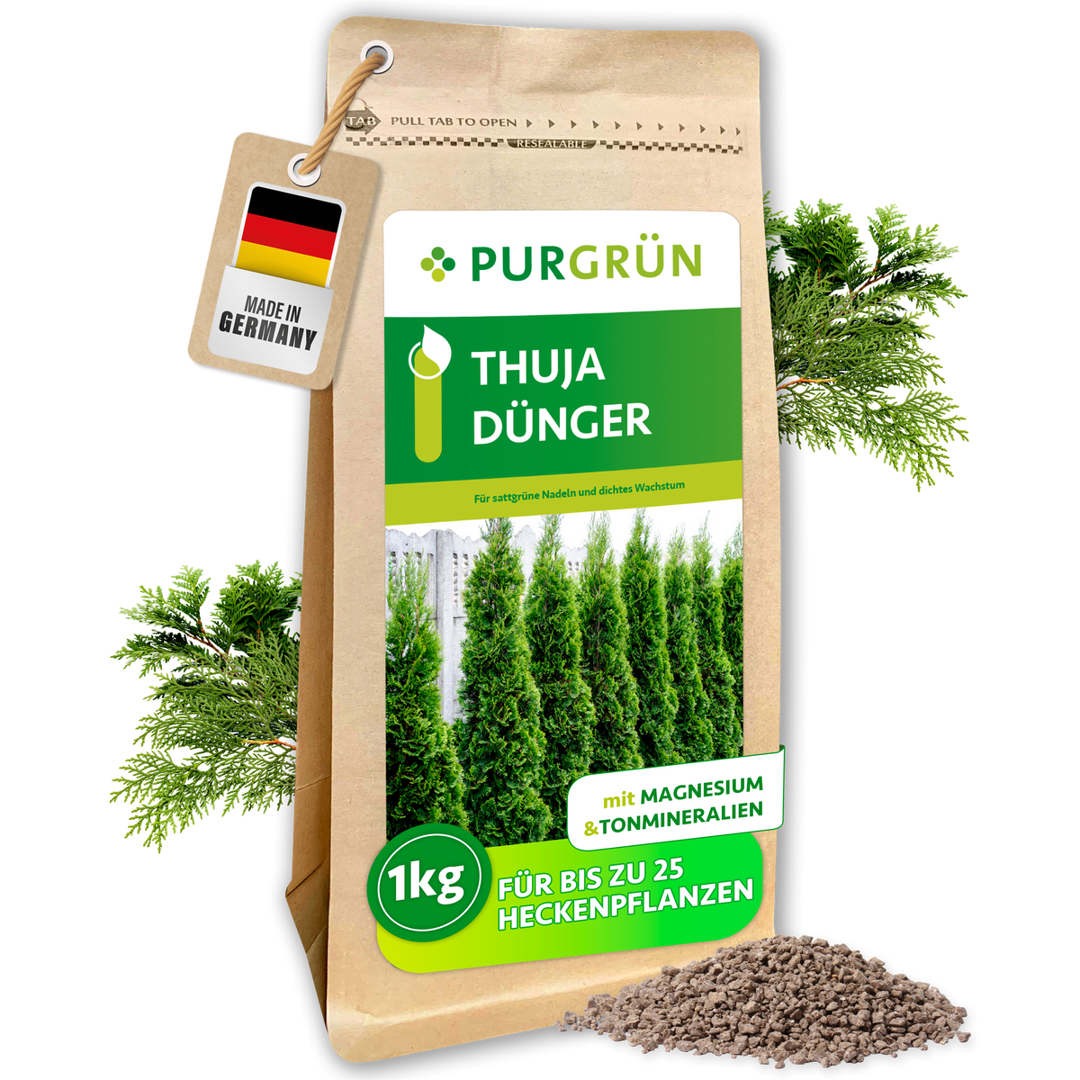 Purgrün Thuja-Dünger, 1 kg, im wiederverschließbaren Beutel mit sichtbarem Granulat und Thuja-Zweigen.