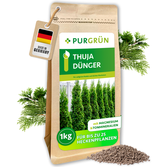 Purgrün Thuja-Dünger, 1 kg, im wiederverschließbaren Beutel mit sichtbarem Granulat und Thuja-Zweigen.