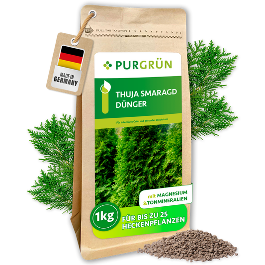 Purgrün Thuja-Smaragd-Dünger, 1 kg, vor Thuja-Zweigen und Granulat; mit Magnesium und Tonmineralien für bis zu 25 Heckenpflanzen.