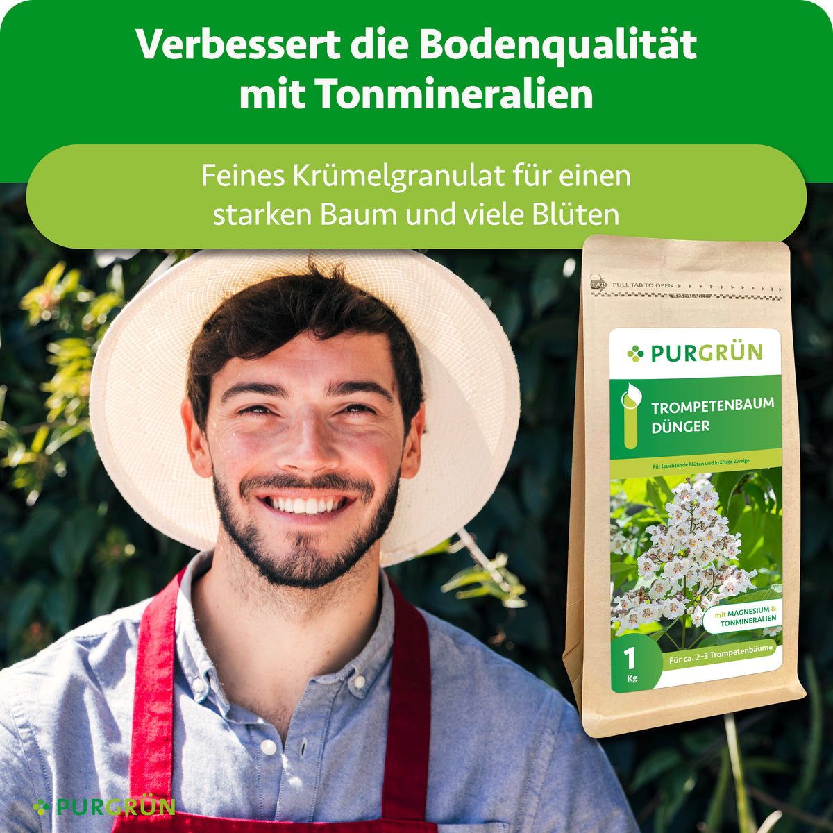 Trompetenbaum-Dünger verbessert mit Tonmineralien die Bodenqualität; feines Krümelgranulat ist für einen starken Baum und viele Blüten bestimmt.
