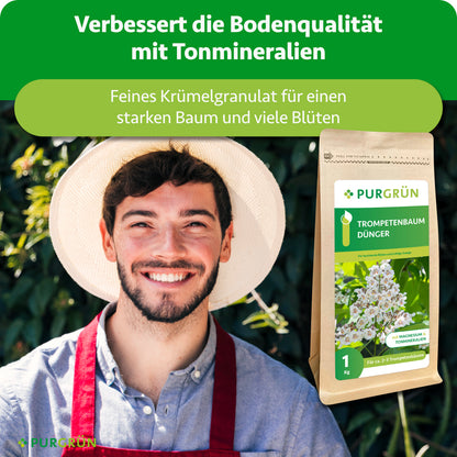 Trompetenbaum-Dünger verbessert mit Tonmineralien die Bodenqualität; feines Krümelgranulat ist für einen starken Baum und viele Blüten bestimmt.