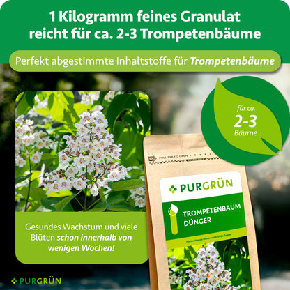 1 kg feines Granulat reicht für ca. 2–3 Trompetenbäume und enthält auf sie abgestimmte Inhaltsstoffe. Gesundes Wachstum und viele Blüten schon innerhalb weniger Wochen.