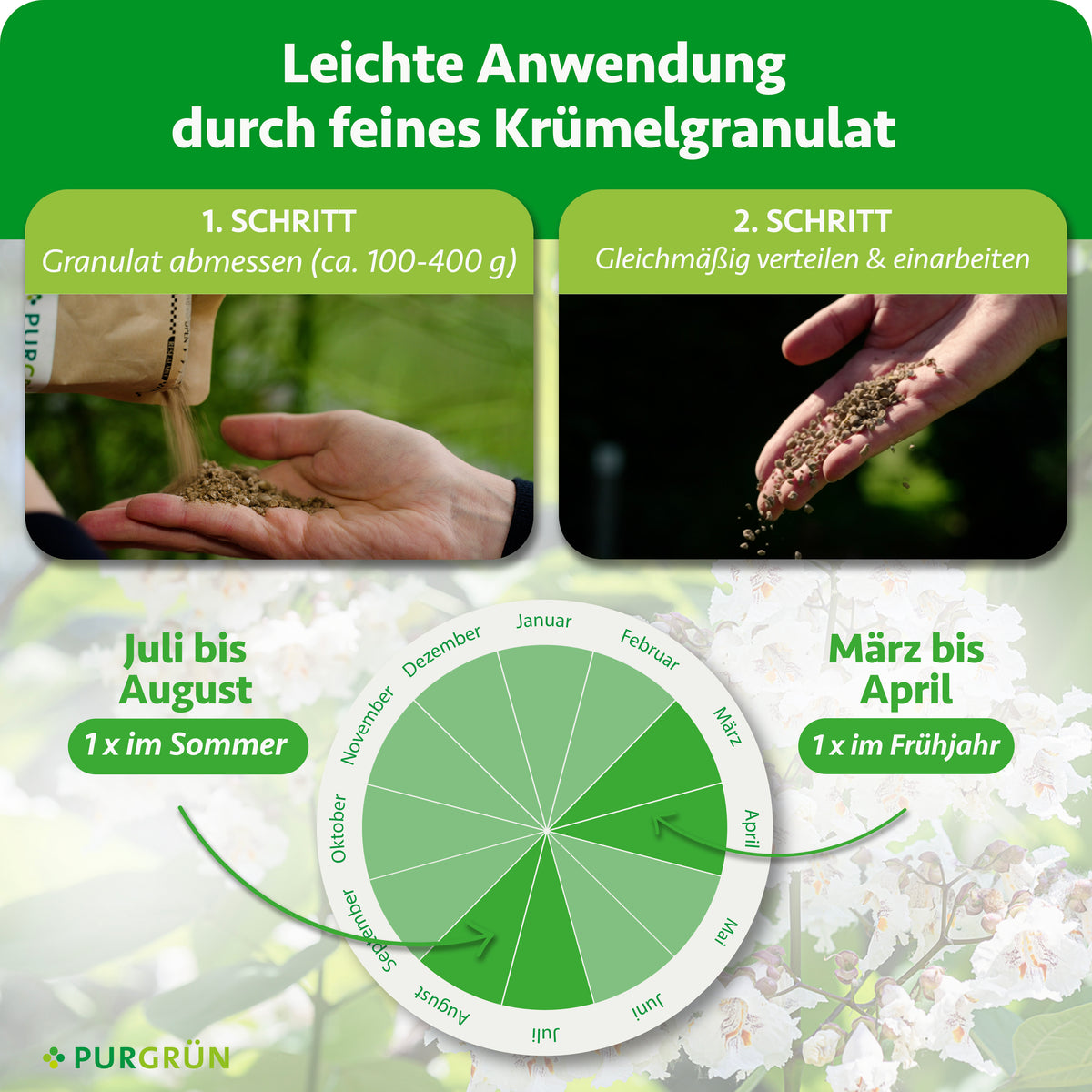 Anwendung: ca. 100–400 g Granulat abmessen, gleichmäßig verteilen und einarbeiten; 1-mal im Frühjahr von März bis April und 1-mal im Sommer von Juli bis August düngen.