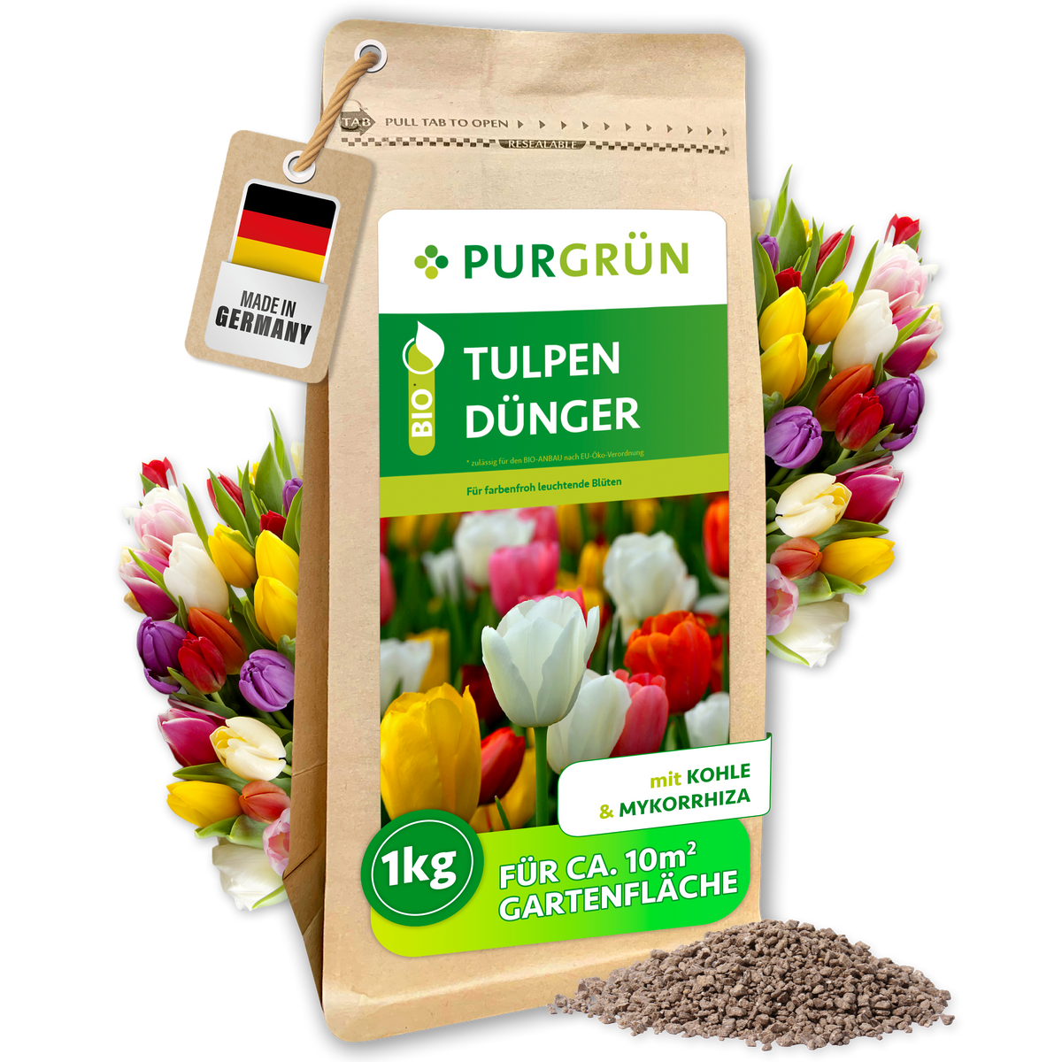 Purgrün Bio-Tulpendünger im 1-kg-Beutel, mit Kohle und Mykorrhiza für ca. 10 m² Gartenfläche.