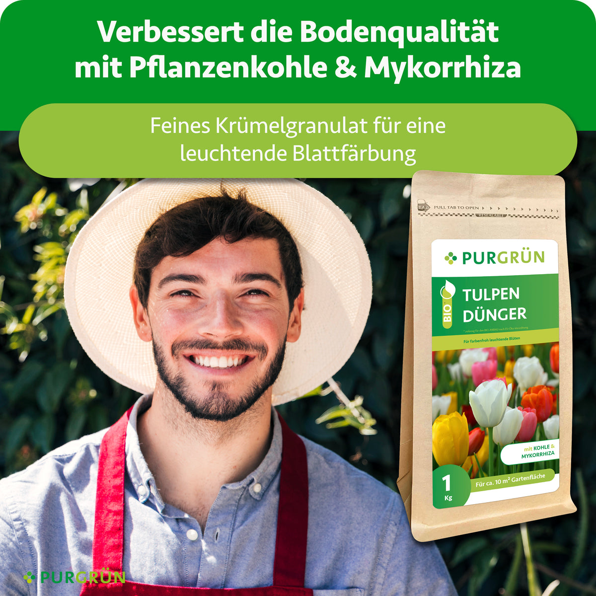 Pflanzenkohle und Mykorrhiza verbessern die Bodenqualität; feines Krümelgranulat dient einer leuchtenden Blattfärbung.
