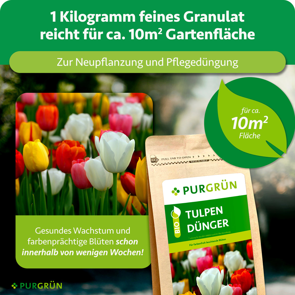 1 kg feines Granulat reicht für ca. 10 m² Gartenfläche und ist zur Neupflanzung sowie Pflegedüngung vorgesehen.