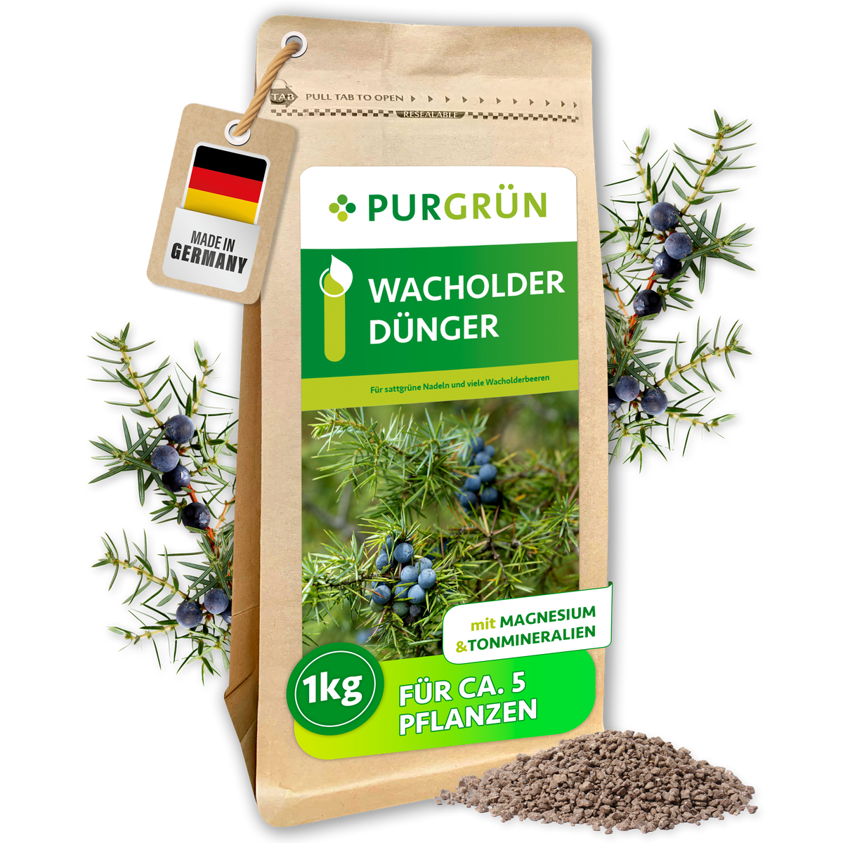 Purgrün Wacholder-Dünger im 1-kg-Beutel mit Wacholderzweigen und feinem Granulat; ausreichend für ca. 5 Pflanzen.
