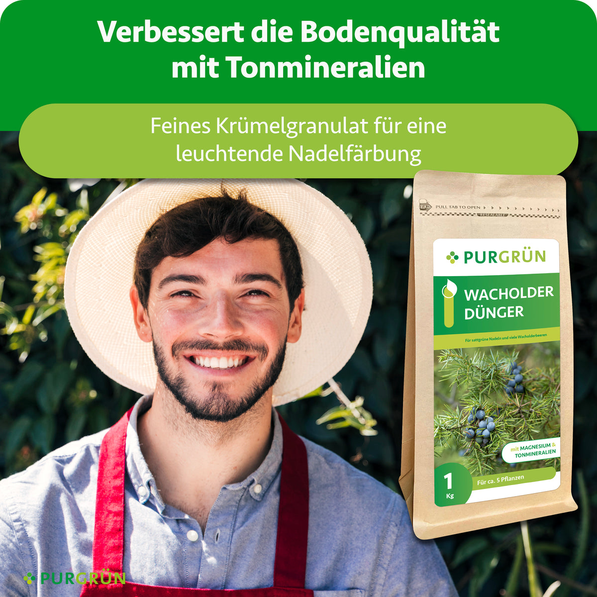 Tonmineralien verbessern die Bodenqualität, feines Krümelgranulat unterstützt eine leuchtende Nadelfärbung; daneben stehen ein Gärtner und der Düngerbeutel.