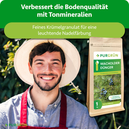 Tonmineralien verbessern die Bodenqualität, feines Krümelgranulat unterstützt eine leuchtende Nadelfärbung; daneben stehen ein Gärtner und der Düngerbeutel.