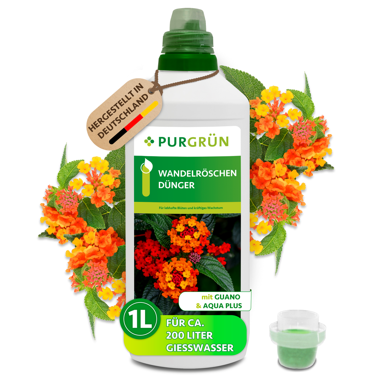 Purgrün Wandelröschen-Dünger in der 1-Liter-Flasche mit Dosierkappe, umgeben von orange-gelben Blüten; ausreichend für ca. 200 Liter Gießwasser.